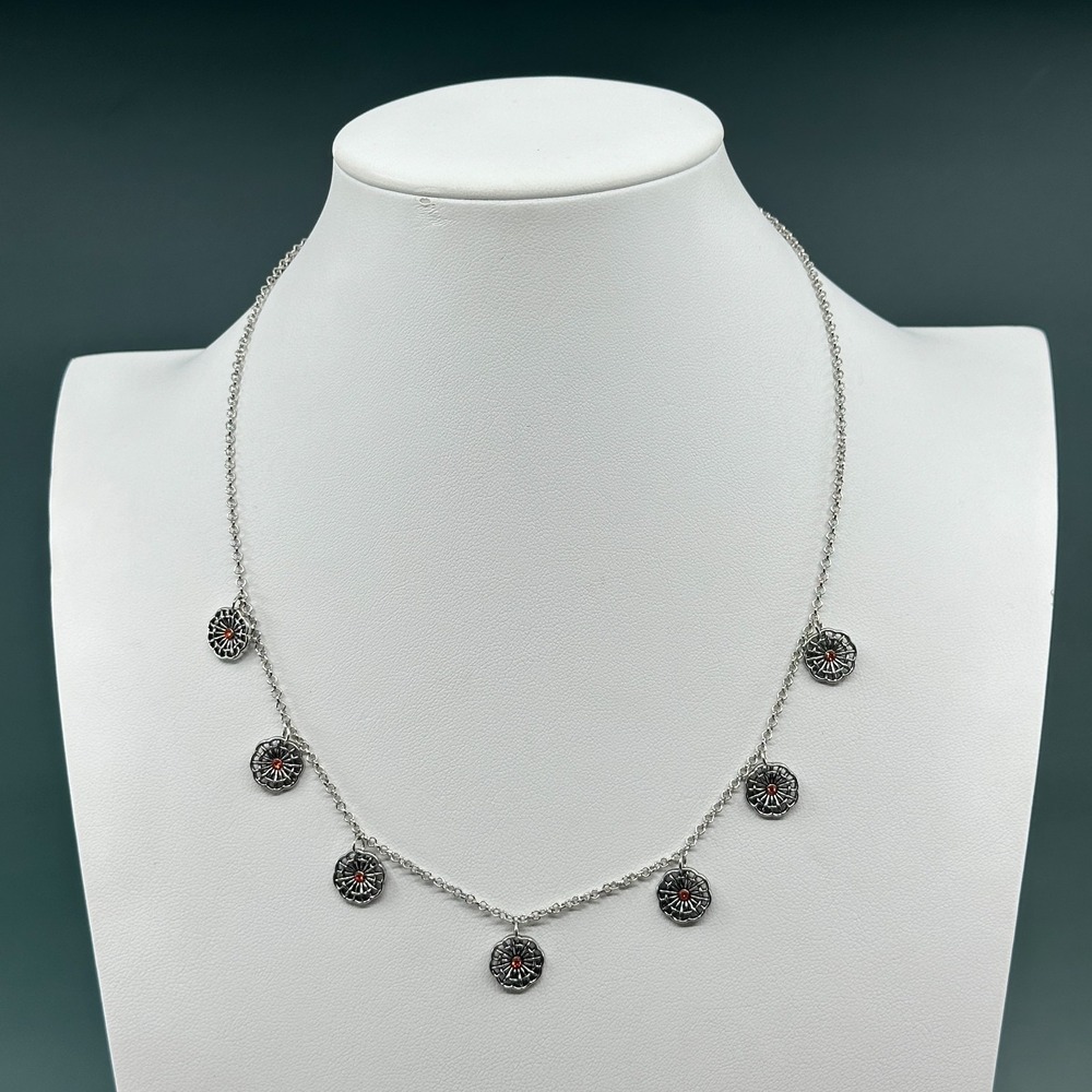 Silver Tone Concho Charm Necklace Red Rhinestone Sunburst Southwestern Boho Gift
